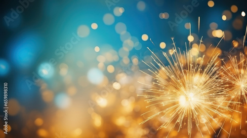 Blue and gold bokeh  spark for Christmas and  Happy New Year for background