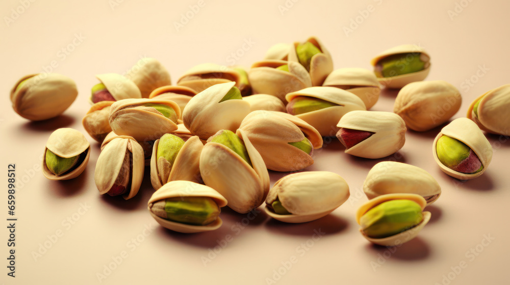 A close-up of a handful of pistachios. A close-up of a handful of pistachios.