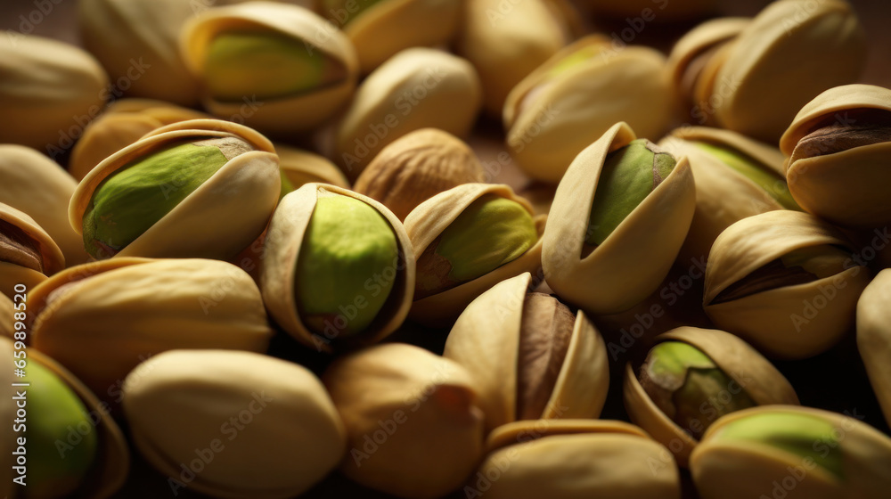 A close-up of a handful of pistachios. - obrazy, fototapety, plakaty 