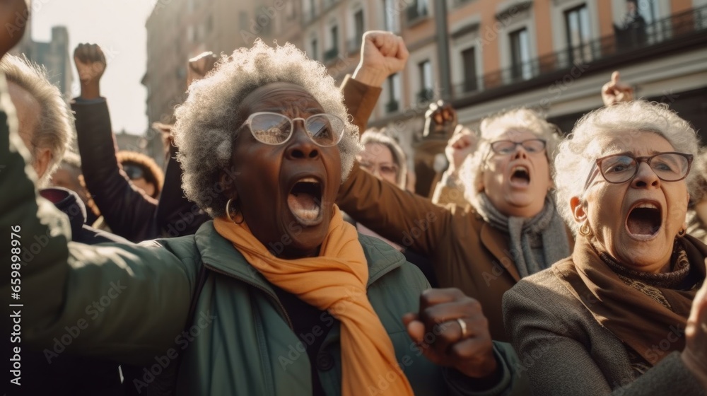 Multicultural senior women and men pose together in a city street protest.