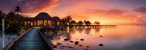 Tropical sunset paints luxury resort villas in a dreamy seascape paradise © Muhammad Shoaib
