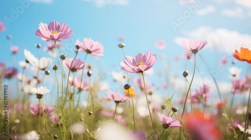 low angle photo of beautiful flowers bloom in the meadow or spring or summer field, blue sky in the background, soft focus, © Romana