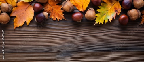 A heartwarming flat lay featuring chestnuts, acorns, and vibrant orange leaves on a rich wooden surface, masterfully arranged with central empty space for tailored content or additional design