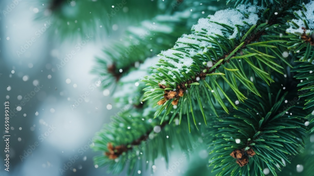 close up on snow-covered fir tree green branches and snowfall flakes, Christmas banner background close up on snow-covered fir tree green branches and snowfall flakes, Christmas banner background