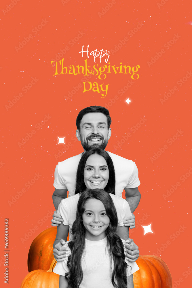 Fototapeta premium Vertical collage image of pile stack black white effect family pumpkin happy thanksgiving day greetings isolated on orange background