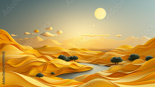 yellow landscape paper sculpture minimalism summer view wave fields.