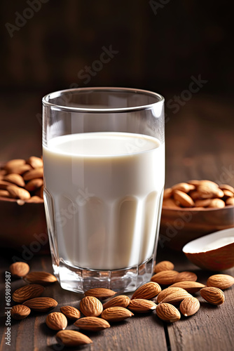 Almond milk in glass with almond nuts