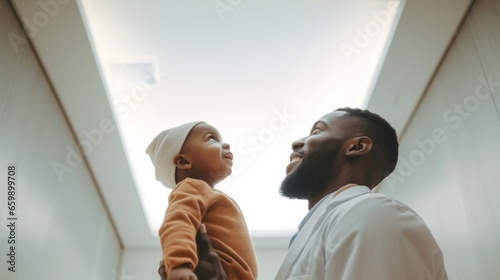 Bottom view of an African American male doctor wearing medical clothes talks to a child in a hospital corridor. photo