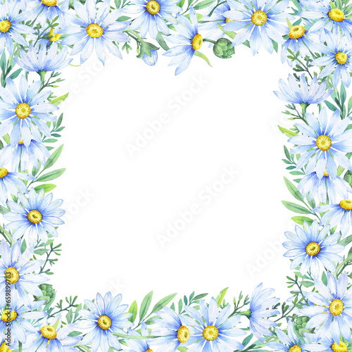 Floral daisy border, watercolor illustration. White daisy. Floral botanical flower. Frame border ornament © babanova
