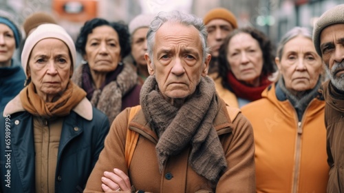 Diverse seniors stand united in a city street demonstration. © iuricazac