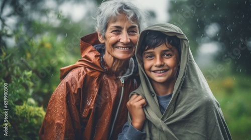 In the rain, a grandma and grandchild stroll together, wearing colorful raincoats, enjoying their time outdoors.