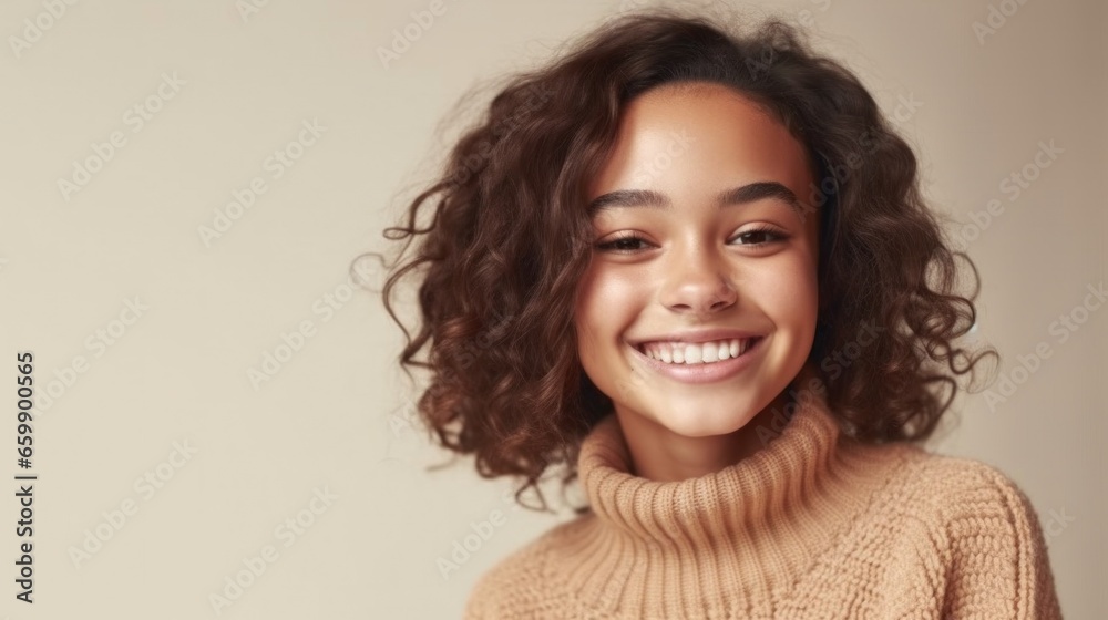 A joyful teen girl against a softly lit studio background. A joyful teen girl against a softly lit studio background.