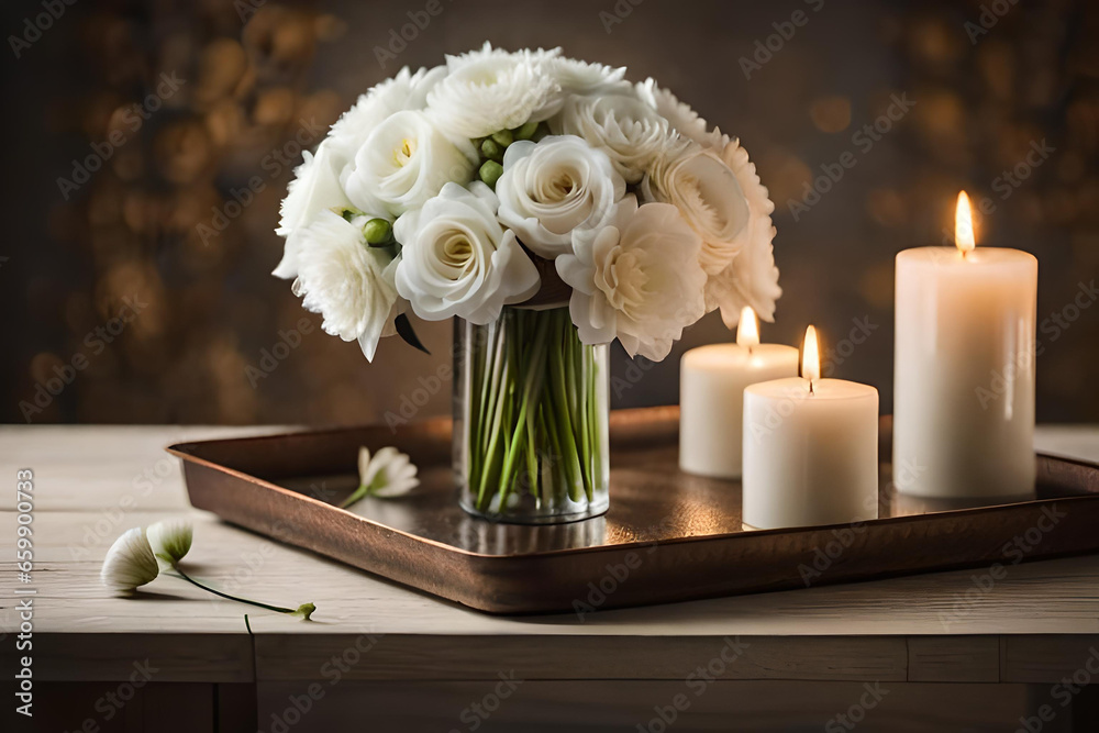 Obraz premium Bouquet of white flowers in a vase, candles on vintage copper tray, wedding home decor on a table