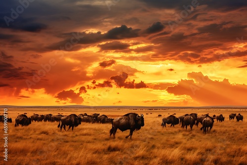 herd of buffalos in a game park in kenya during sunset . Cultural heritage preservation