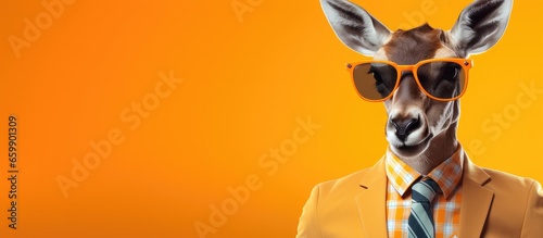 Animal goat portraits, Cool business animal in sunglasses and suit. With copy text space, wide screen. Simple background, Generative AI