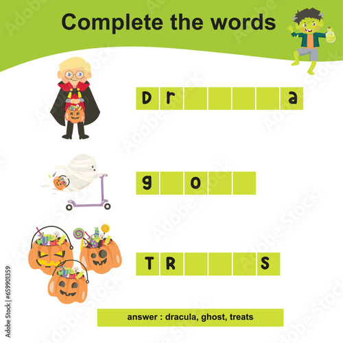 Complete the words worksheet. Write the missing letters and complete the words. Writing Halloween things for children. Writing activity with Halloween edition. Printable activity page for kids. 