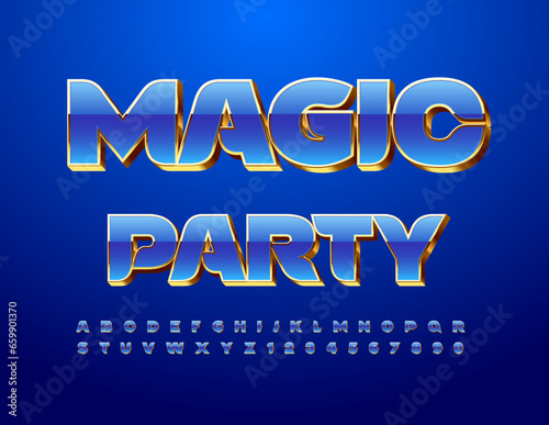 Vector stylish invitation Magic Party. Chic Blue Font. Modern 3D Alphabet Letter and Numbers