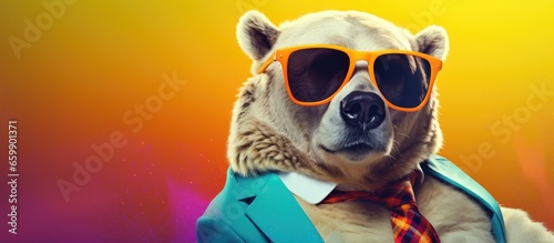 Animal bear portraits, Cool business animal in sunglasses and suit. With copy text space, wide screen. Simple background, Generative AI © dm