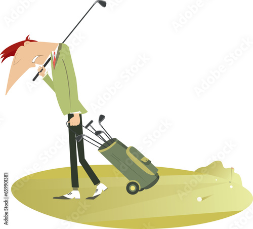 Upset golfer walk away from the golf course.
Sad golfer with a golf club on the shoulder and golf bag walks away from the golf course
