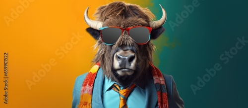 Fototapeta Naklejka Na Ścianę i Meble -  Animal bison portraits, Cool business animal in sunglasses and suit. With copy text space, wide screen. Simple background, Generative AI