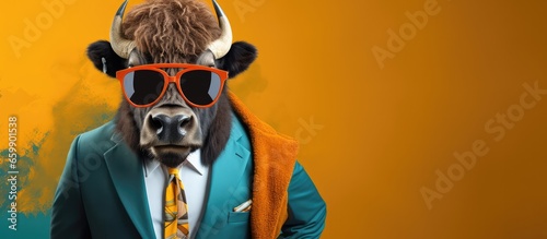 Animal bison portraits, Cool business animal in sunglasses and suit. With copy text space, wide screen. Simple background, Generative AI © dm