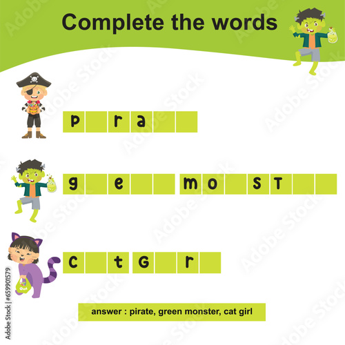 Complete the words worksheet. Write the missing letters and complete the words. Writing Halloween things for children. Writing activity with Halloween edition. Printable activity page for kids. 