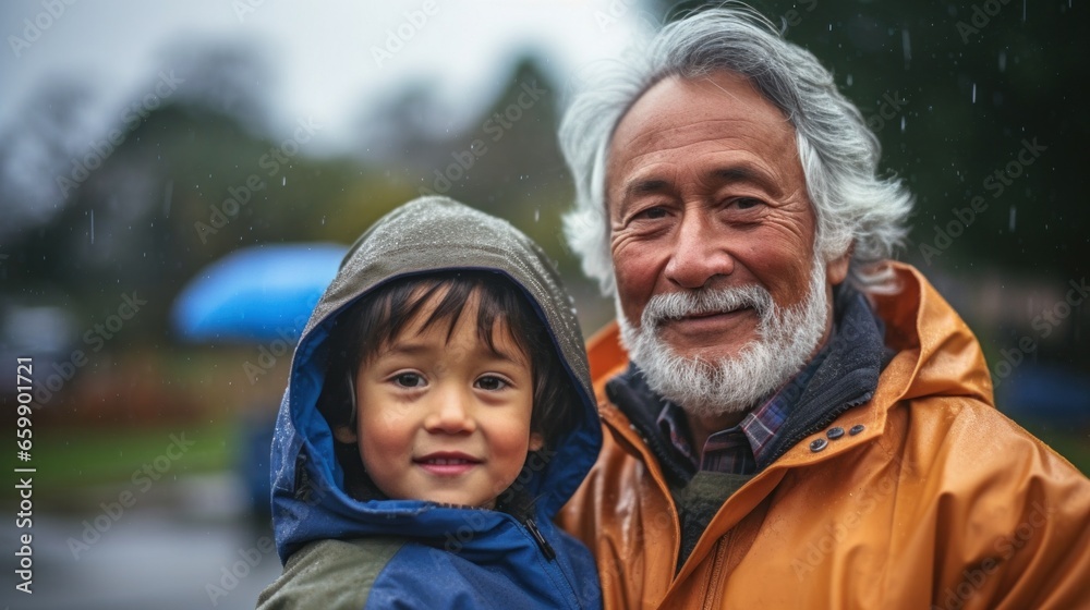 Grandpa and grandchild, both in raincoats, find joy in the rain, their bond evident in their carefree walk through the city. Grandpa and grandchild, both in raincoats, find joy in the rain, their bond evident in their carefree walk through the city.