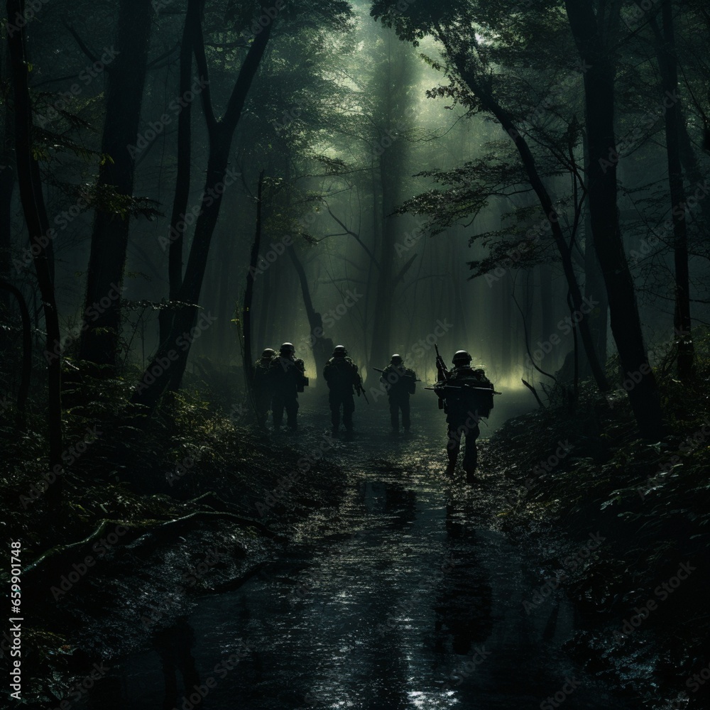 strikeballists in the dark forest wood