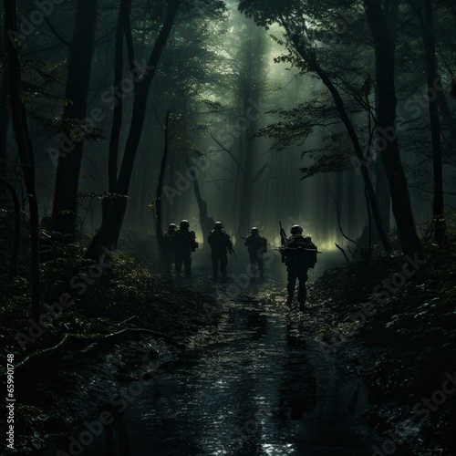 strikeballists in the dark forest wood