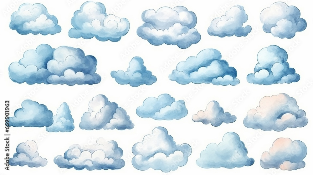 a set of watercolor painted clouds on a white background isolated.