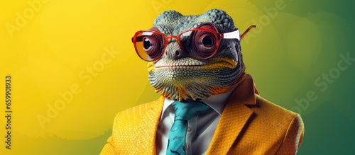 Animal chameleon portraits, Cool business animal in sunglasses and suit. With copy text space, wide screen. Simple background, Generative AI