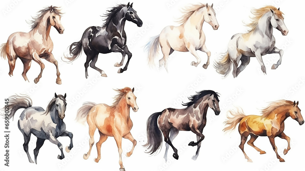 Collection of running horses on a white background watercolor drawing.