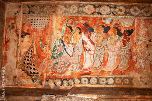 Mural painting. Paravati's dressing room. Six attendants with distinct hairdo and dresses. Lepakshi , Andhra Pradesh, India photo
