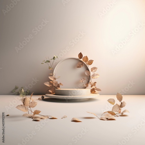 Two staged stone podium platform in studio for product presentation on the autumn styled background. Mockup for branding, packaging