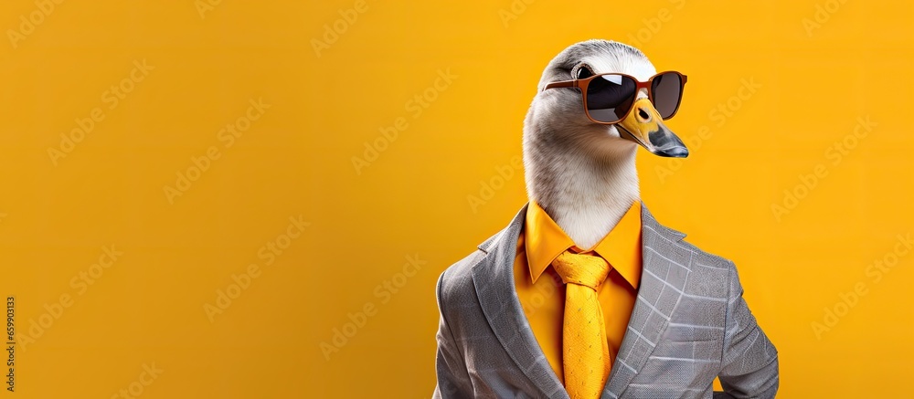 Animal duck portraits, Cool business animal in sunglasses and suit. With copy text space, wide screen. Simple background, Generative AI