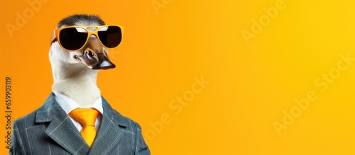 Fototapeta Naklejka Na Ścianę i Meble -  Animal duck portraits, Cool business animal in sunglasses and suit. With copy text space, wide screen. Simple background, Generative AI