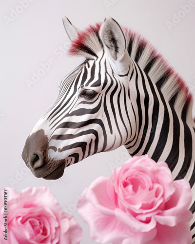 Close-up portrait of a wild zebra in pink roses
