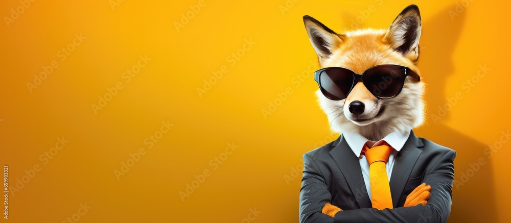 Animal red fox portraits, Cool business animal in sunglasses and suit. With copy text space, wide screen. Simple background, Generative AI