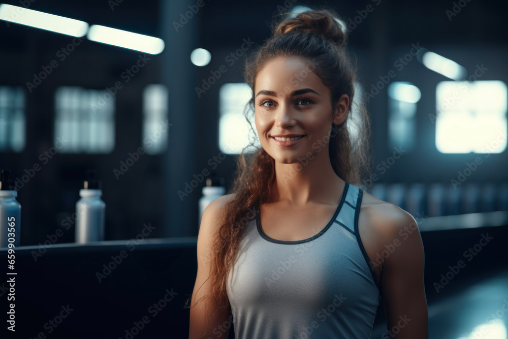 Young athletic girl in the gym with a bottle of water
