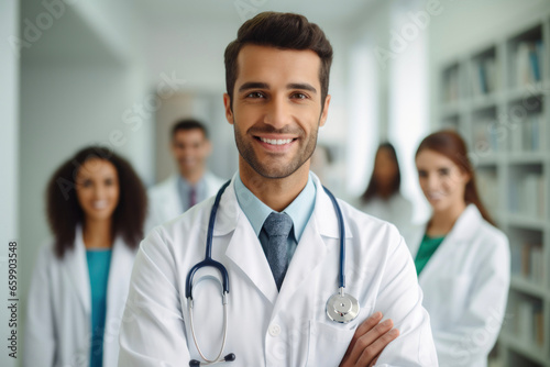 Male doctor in the clinic corridor with his team
