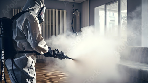 un homme en combinaison de protection vaporise l'intérieur d'un appartement avec de la vapeur pour lutter contre les punaises de lit photo