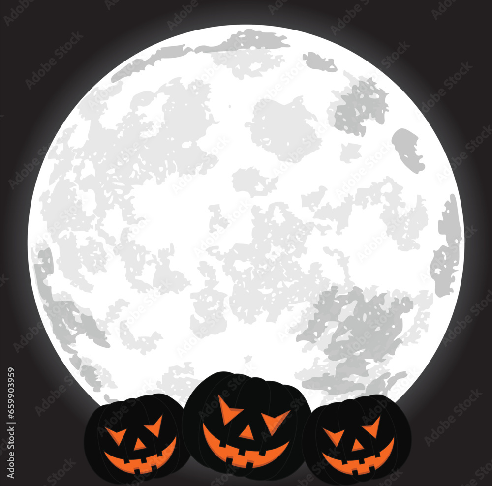Black Halloweens background  with Jack O' Lantern on the full moon