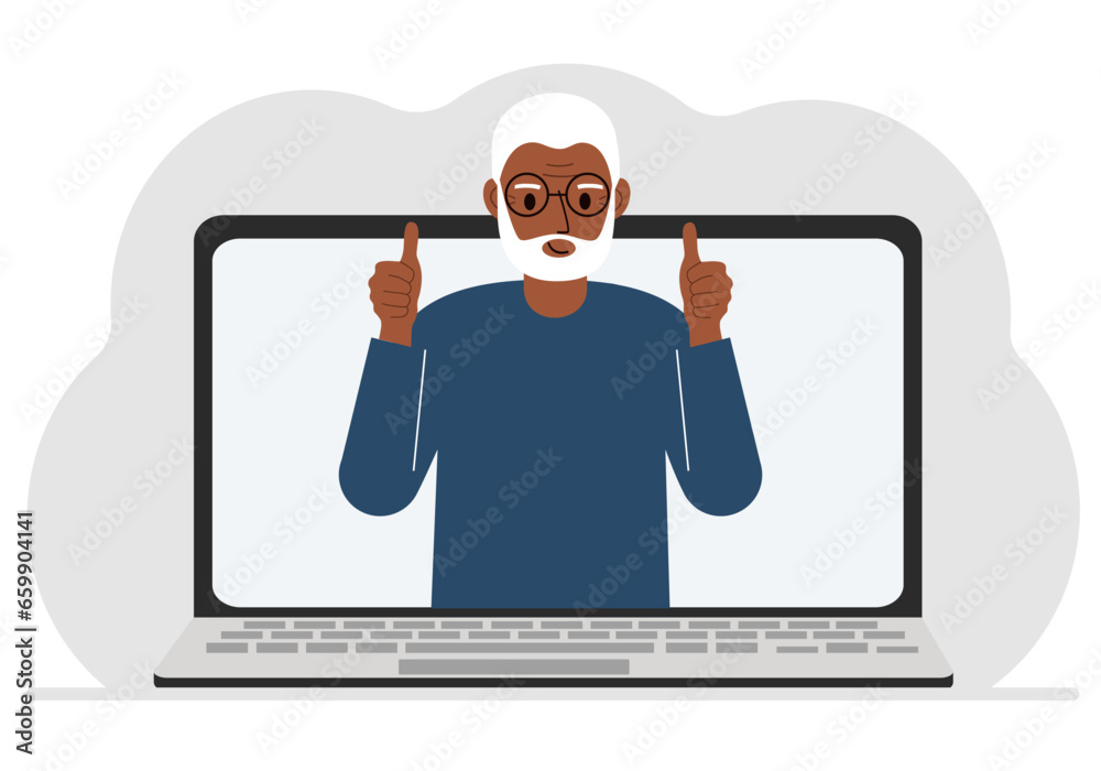 Man communicates via videoconference through laptop screen. The concept of online meetings, webinars, remote work or work from home. Man communicates via videoconference through laptop screen. The concept of online meetings, webinars, remote work or work from home.