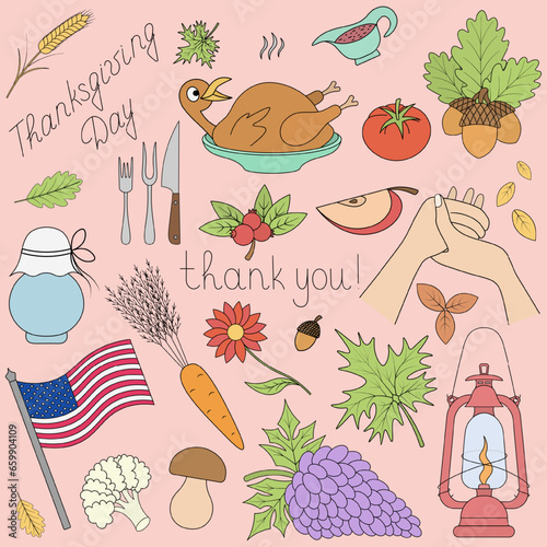 Thanksgiving Day. Collection of color vector illustrations. Isolated pink background. Lettering. Set of colored holiday elements. Cartoon style. Leaves, turkey, harvest, vegetables, US flag, lantern