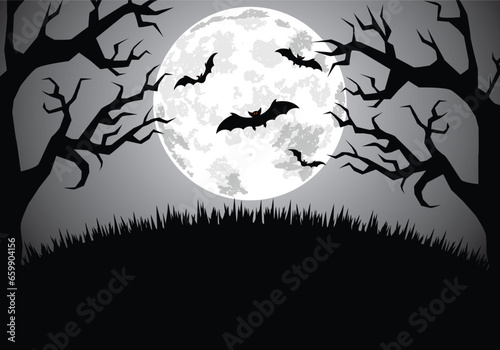Halloweens midnight background with bats who fly above a hill on full moon and old scary trees
