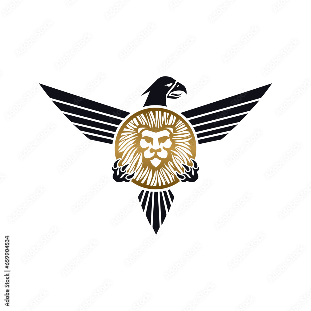 Obraz premium Eagle with lion as logo design. Illustration of an eagle with a lion as a logo design on a white background.