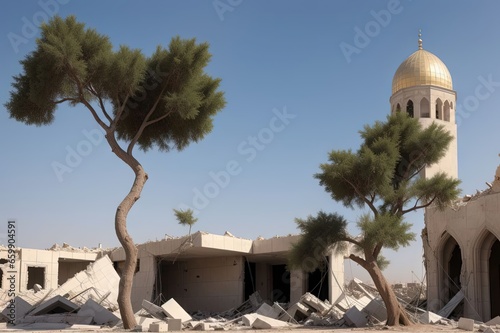 tree growing from the center of destroyed mosque dome between Israel and Gaza, israeli and palestine conflict abstract War illustration