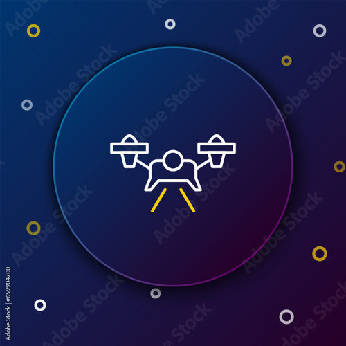 Line Drone flying icon isolated on blue background. Quadrocopter with video and photo camera symbol. Colorful outline concept. Vector