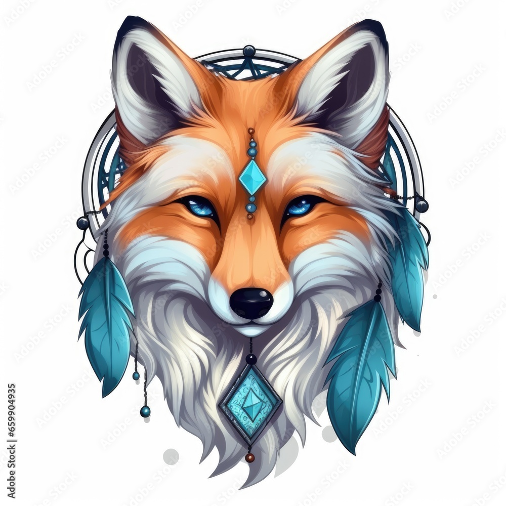 Naklejka premium A fox with a dream catcher elements. Digital art. Tribal-inspired design.