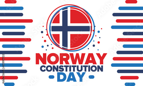 Norway Constitution Day. Happy holiday, celebrated annual in May 17. Norwegian flag. Norway independence and freedom. Patriotic poster. Festive and parade design. Vector illustration
